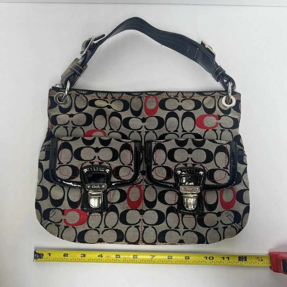 Coach Signature Monogram Hobo Shoulder Bag Black Tan Red Canvas No G1282-21186